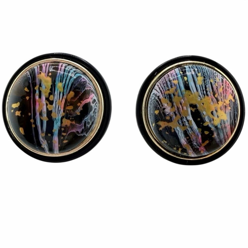 Vintage 1980s Abstract Fluid Art Design Cabochon Acrylic Clip On 1.25" Earrings